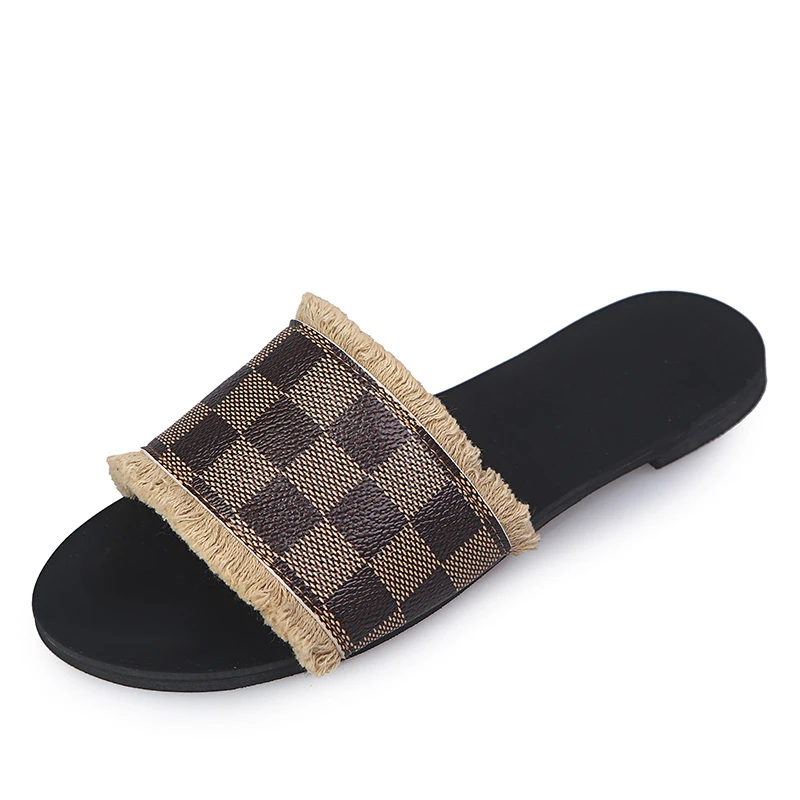 

Brand Designers Women Slippers Summer Outside Leather Flat Slides Web Bow open toe Handmade Sandals klapki damskie na lato