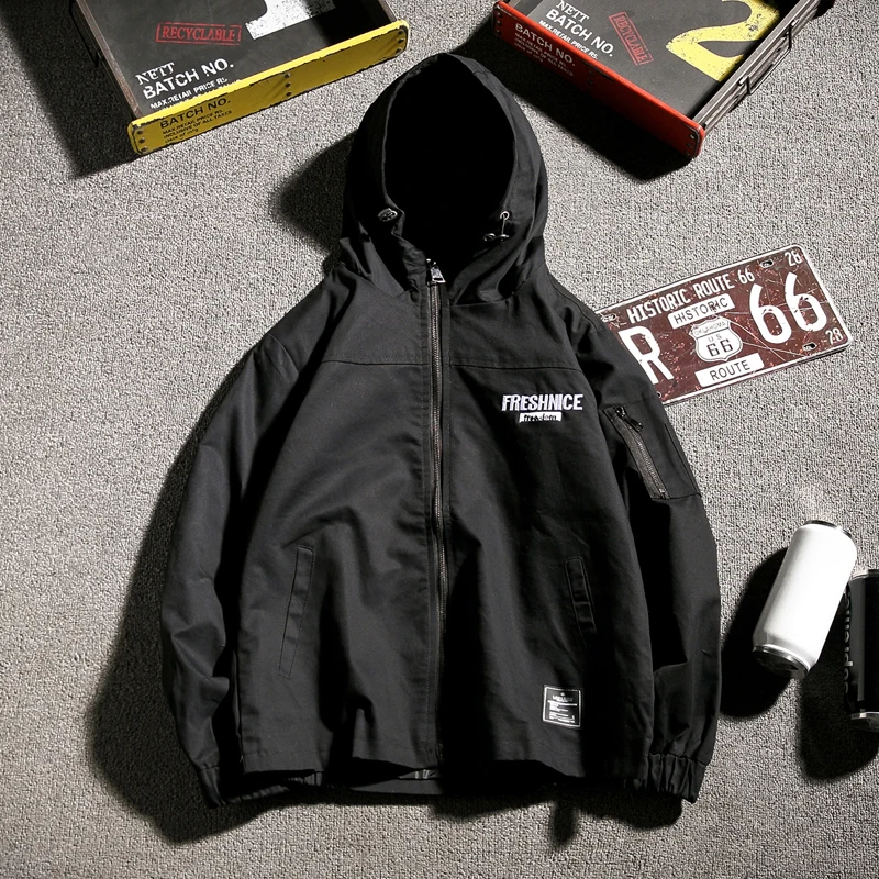 

YuWaiJiaRen Letter Child Printing Jacket Men Hip Hop Spring Autumn Hooded Windbreaker Coat Oversize 5XL