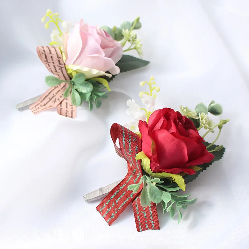 wedding wrist corsages boutonnieres bridal groom marriage pink red roses flower (11)