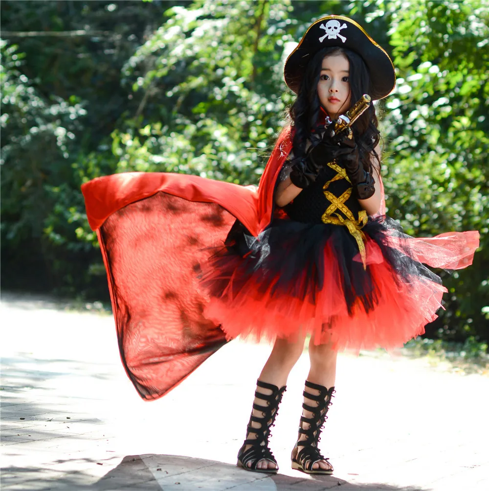 POSH DREAM New Halloween Pirates Kids Girls Costume Costume with Hat Pirates Tutu Dressed Up Black Toddler Girls Cosplay Clothes