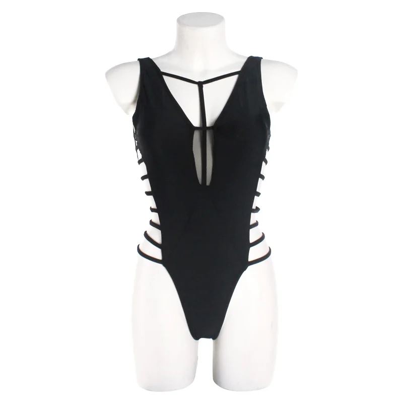Newest Sexy One Piece Women Swimwear Black deep v neck backless Rope lace up bodysuit Swimsuit Hollow out trajes de bano | Спорт и