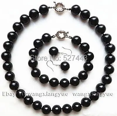 

FY&DR5685 Wholesale >>12mm Natural Black Rich Agate Necklace bracelet Earrings Set AAA Grade