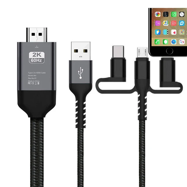 2K 60Hz USB HDMI беспроводной Wifi зеркальный литой Кабель-адаптер для iPhone iPad iOS Micro usb type C Android телефон к телевизору HD tv проектор - Цвет: 3in1 Black NO WiFi