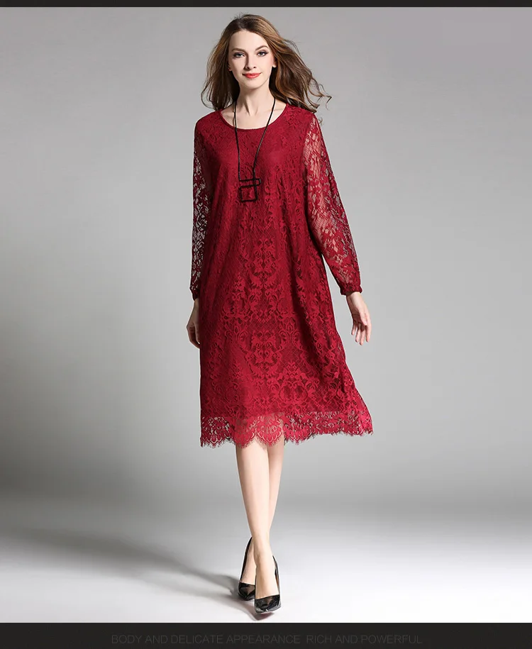 Autumn new Plus size Lace dresses Long sleeve hollow lace Elegant dress ...
