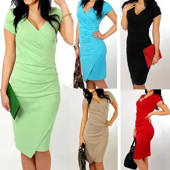 

2019 Women Summer Fashion Casual V Neck Bodycon Solid Short Sleeve Dress Elegant Casual Office Pencil Dresses vestidos Female
