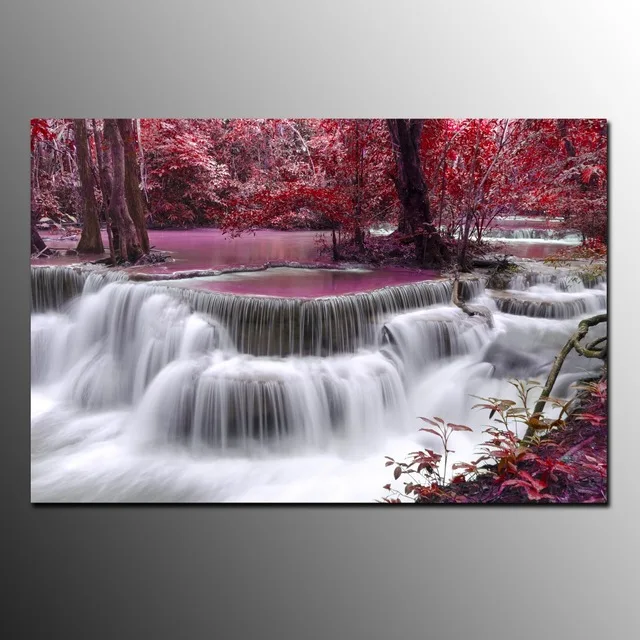 Landscape Canvas Prints For Living Room Home Decoration Red Waterfall