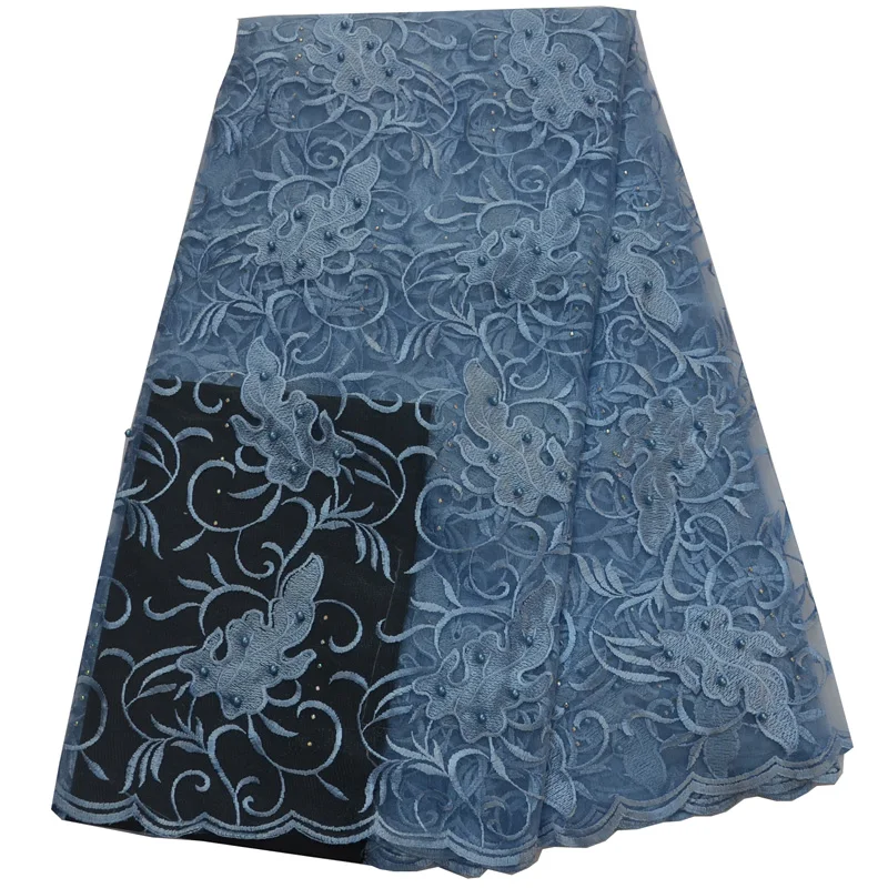 Bestlace (5 ярдов/шт) Skyblue Французский кружевная ткань вышитые бисером и Африканский