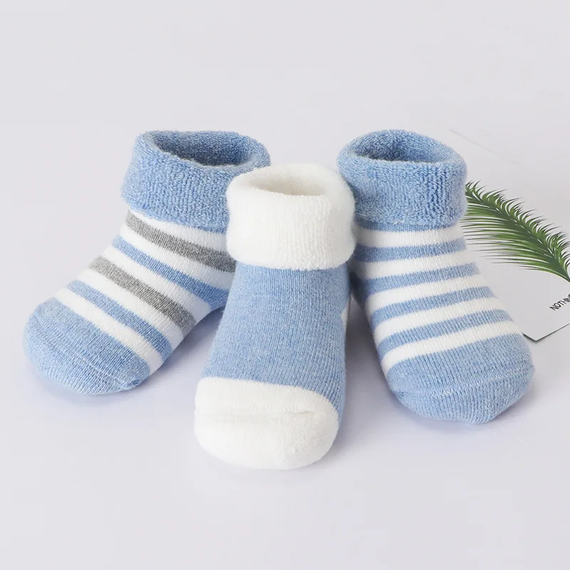 BalleenShiny/3 пары полосатых плотных махровых носков мягкие теплые бархатные носки для маленьких мальчиков и девочек комплект осенне-зимних носков для малышей - Цвет: Синий