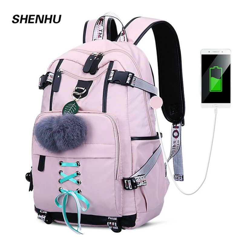 Дешево SHENHU, новинка 2019, женский рюкзак для ноутбука, внешний, USB зарядка, Компьютерные рюкзаки, противоугонная, водонепроницаемая, школьная сумка дл...