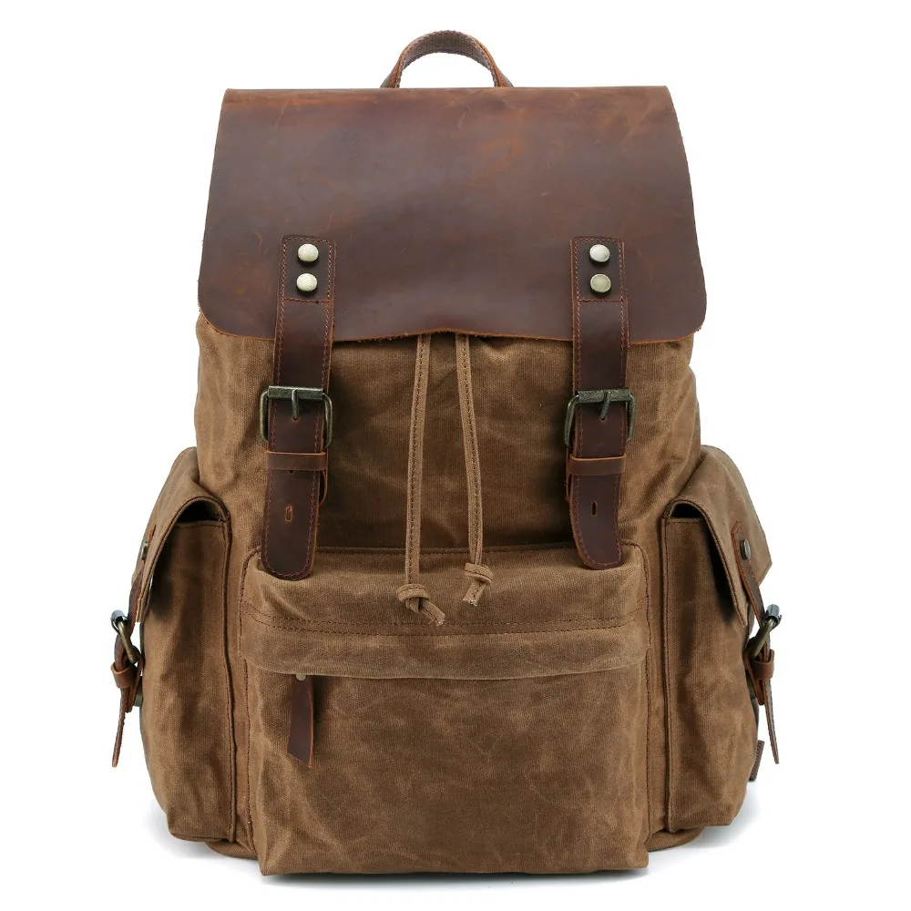 Canvas backpack waterproof oil wax canvas bag large capacity leather men bag backpack European and American retro outdoor travel Canvas backpack waterproof oil wax canvas bag large capacity leather men bag backpack European and American retro outdoor travel