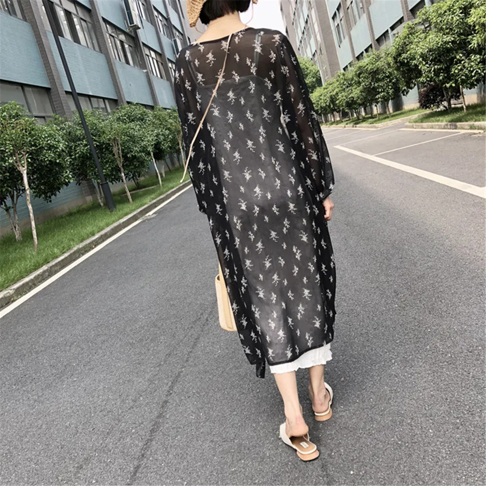  Vacation Beach Women Long Blouses Sexy Mesh Longline Kimono Sunproof Long Sleeve Beach Clothing 2018 Fashion Open Front Kimono (5)