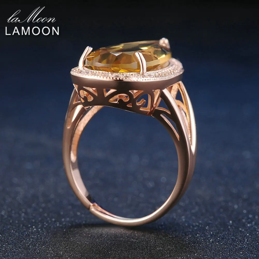 LAMOON 925 Sterling Silver Jewelry Rings Luxury Gemstone Natural Big TearDrop Citrine Cocktail Amber Ring ChALkeR Anel Feminino