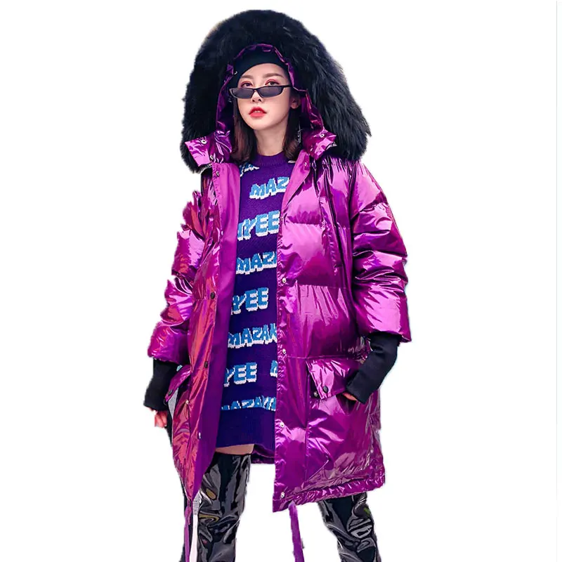 

Real Fur Collar Bright Hooded Winter Down Jacket Metal Silver Purple Cotton Jacket Female Plus Size Loose Warm Padded Coats 33