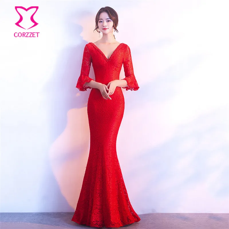 

Red Floral Lace Beading Deep V Neck Flare Sleeve Cross Backless Long Mermaid Sexy Dress Club Wear Party Dresses Vestido De Festa