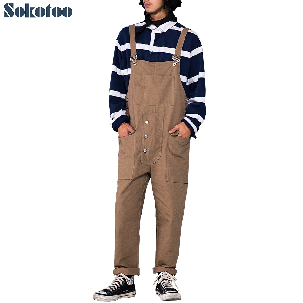 Sokotoo Men's loose pockets cargo bib overalls Black green khaki