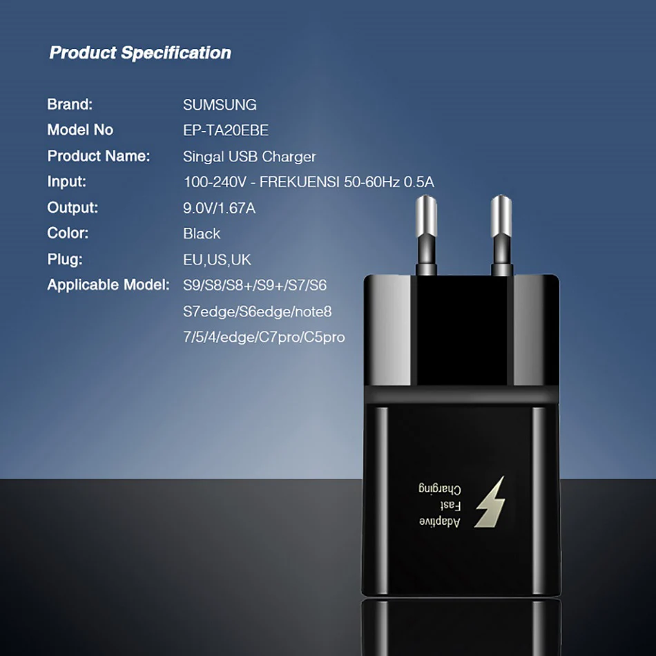 4Samsung Galaxy S8 S9 plus 9V1.67A & 5V2A Fast Charger 1.2m USB Type C Cable Wall Adapter EUUSUK Note8 S 9 S 8  C5 C7 C9pro