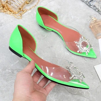

Transparent platform sandals 2019 summer fashion elegant candy shoes Baotou rhinestone sexy pointed shoes low heel flat shoes