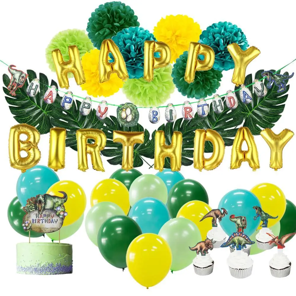 

22pcs Dinosaur Party Decoration Happy Birthday Banner Balloons Cake Cupcake Topper Kit Artificial Leaves Pom Pom Kids Birthday