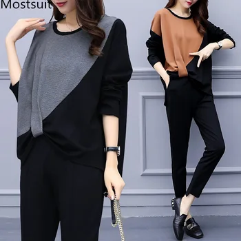 

Plus Size Spring Autumn Two Piece Sets Women Loose Casual Elegant Office Female Long Sleeve Tops And Pants Sets Suits Grey Khaki