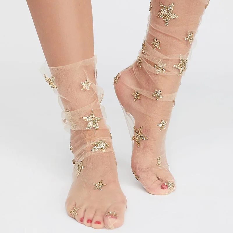 [WPLOIKJD] Harajuku сетка Meias золотые серебряные блестящие звезды сетчатые чулки носки блестящие носки со звездами женские мягкие прозрачные эластичные