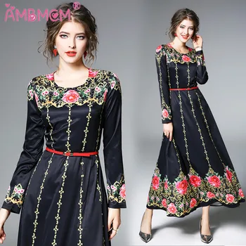 

High Quality 2018 New Fashion Designer Party Dress Women's Print Floral with Belt Vintage Black Dresses AMBMCM