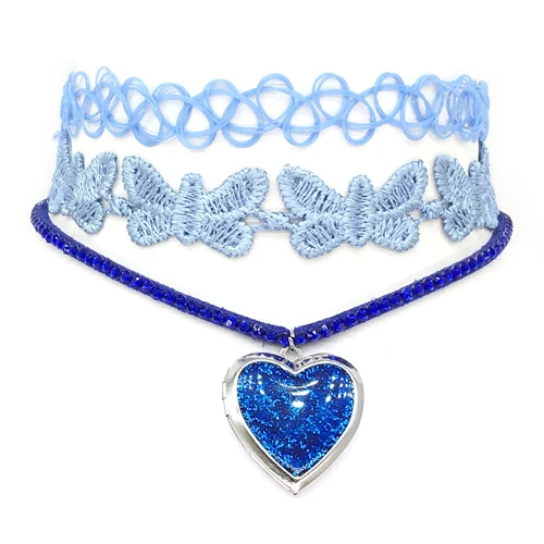 New Blue Lace Choker Necklace Heart Locket Pendant 3 Piece/Lot Children Choker Elegant