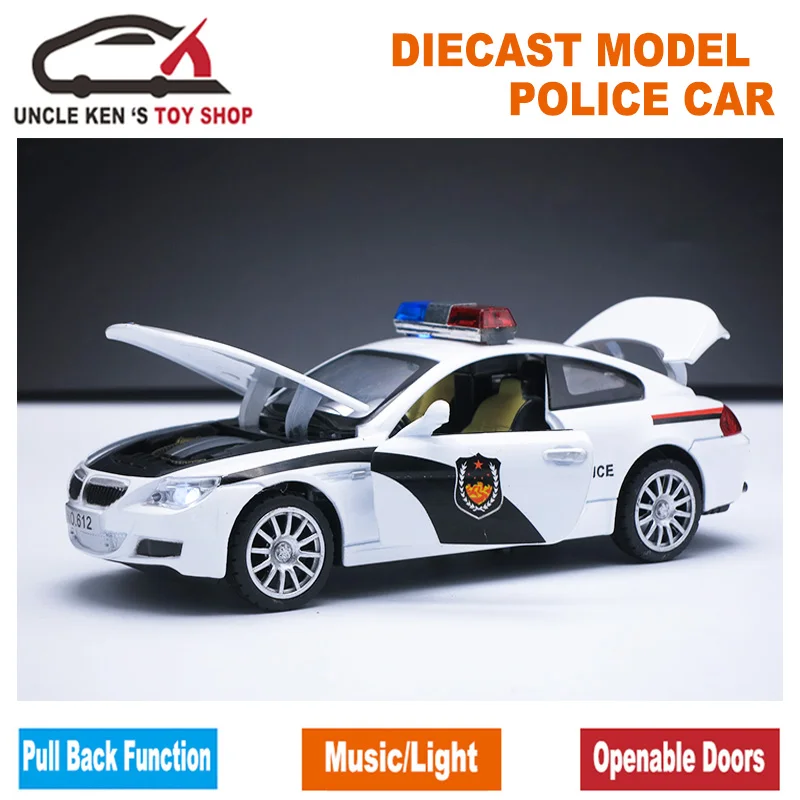 Kopen 1 32 Schaal Politie Speelgoed Model Auto, metalen auto, Diecast Modellen, jongen Gift Speelgoed Met Te Openen Deuren Trek Functie Muziek
