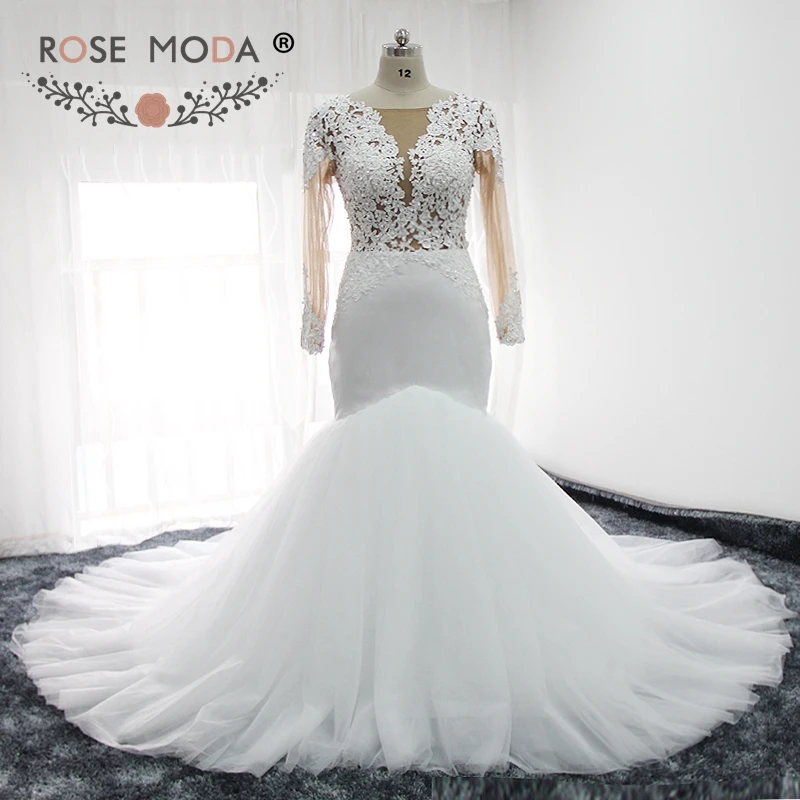 

Rose Moda Long Sleeves Mermaid Wedding Dress 2018 Puffy Skirt Wedding Dresses with Lace Real Photos