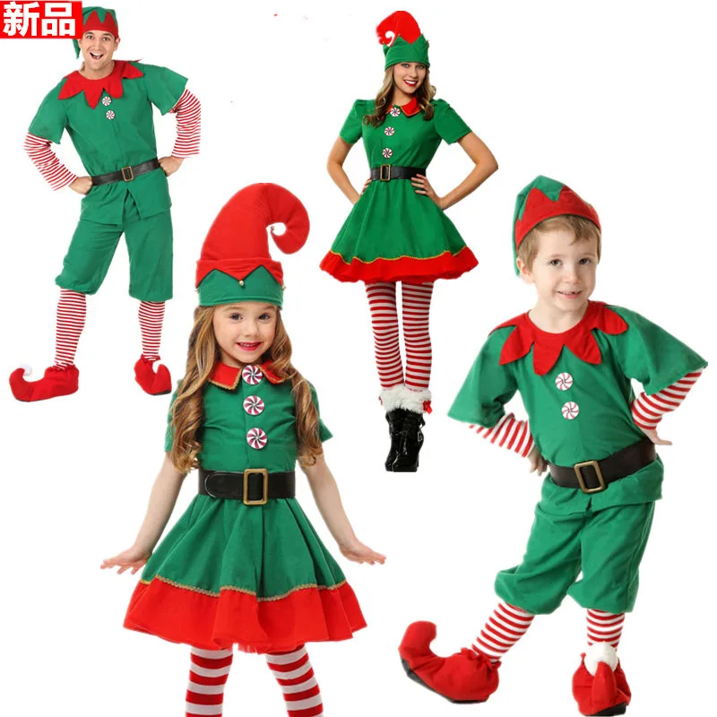 

2018 christmas elves costumes Women Christmas Halloween Costume Long Sleeve Green and Red Girl Elf Dress KIDS Christmas Costume