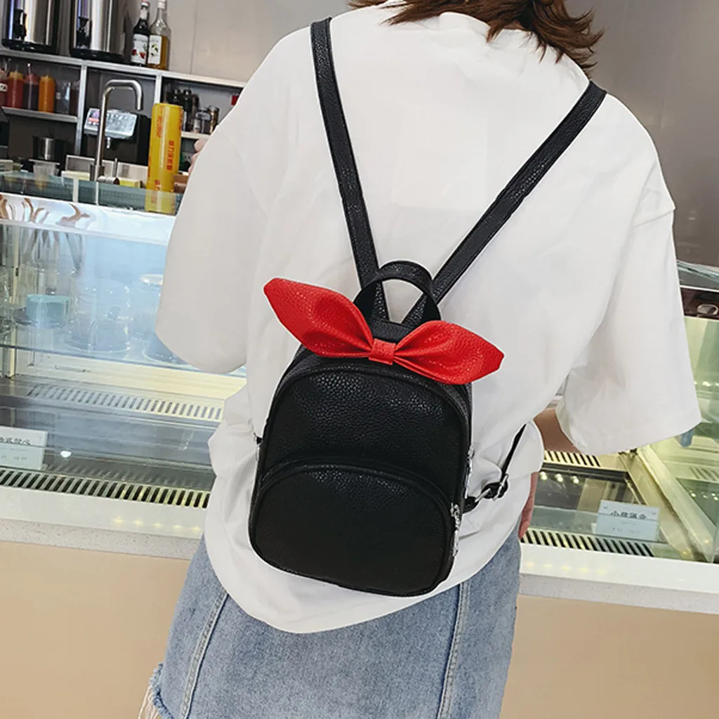 

Fashion PU Leather Backpack Contrast Bow Lady Solid Color Wild Cute Butterfly Backpack Casual Student Bag