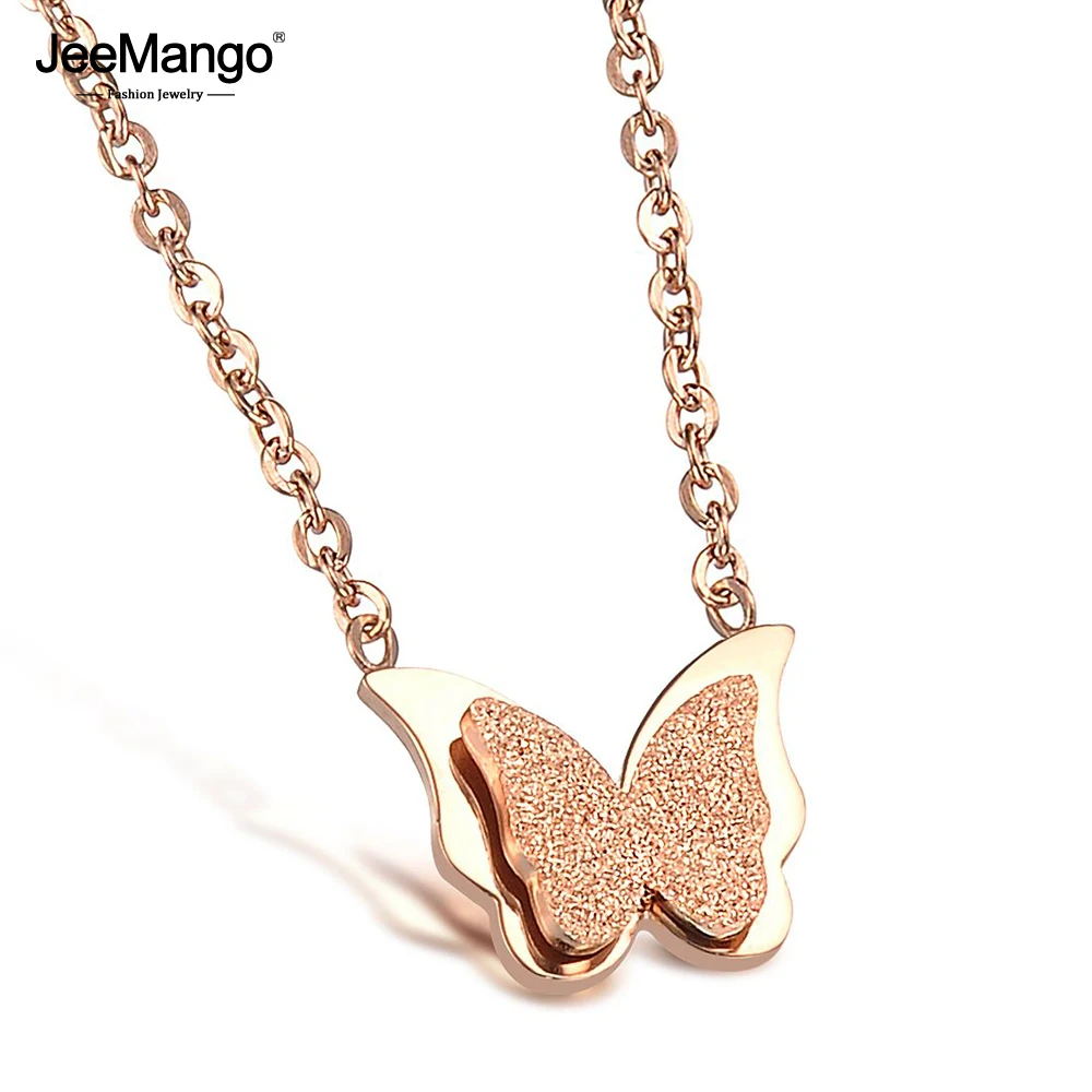 

JeeMango Rose Gold Color Scrub Exquisite Butterfly Necklaces For Women 316L Stainless Steel Butterfly Necklace JOGX888