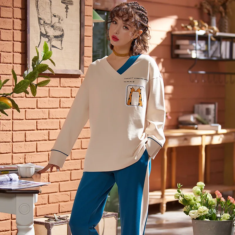 

New Spring cotton pajamas set ladies long-sleeved trousers head home clothing 2pcs ladies fashion clothes V-neck cartoon pyjamas