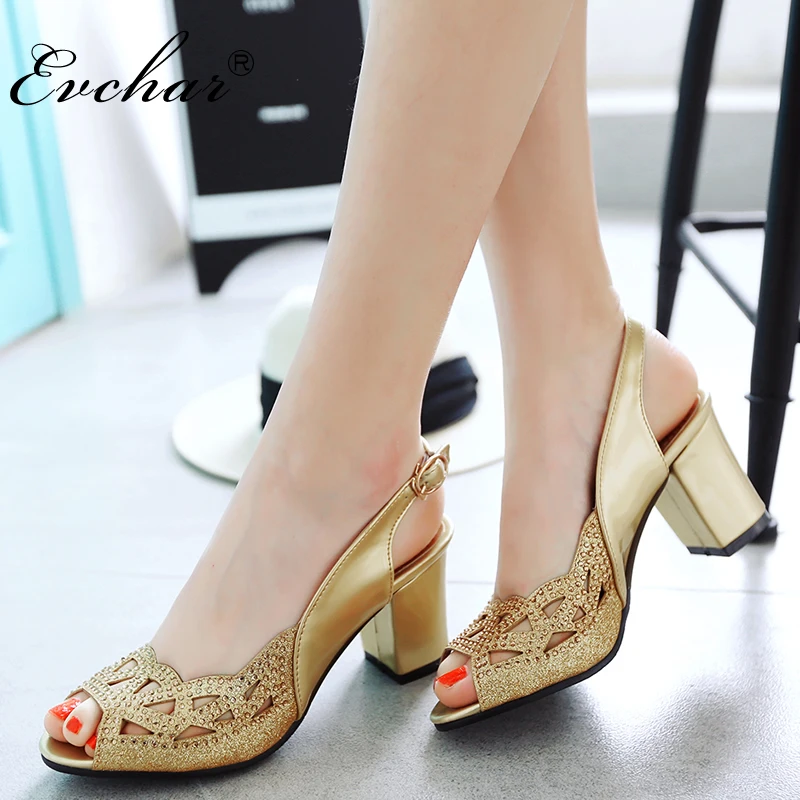 

EVCHAR NEw High Heels gladiator buckle strap peep toe Women Sandals sexy Crystal Big Women party Summer Shoes Plus Size 34-48