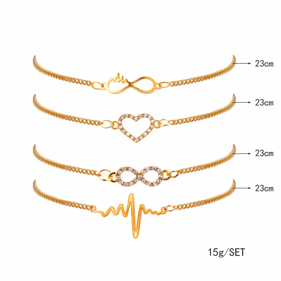 Charming Luxury Crystal Hollow Heart Bracelet Romantic Gold Color Hand Chain Elegant Women's Jewelry Bride Wedding Gifts 4pc/Set
