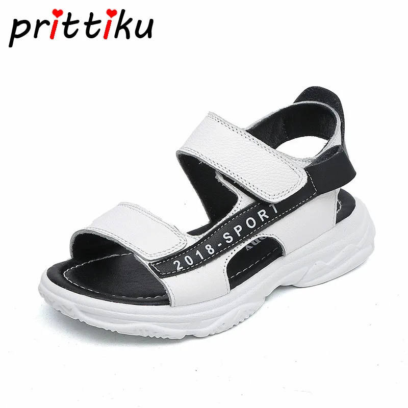 

Summer 2019 Toddler Boy Girl Genuine Leather Sandals Little Kid White Black Flat Big Children Fashion Brand Beach Sport Shoes