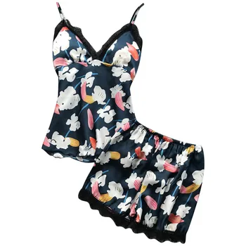 

2019 NEW Womens Sexy Satin Sling Sleepwear Lingerie Lace Print Nightwear Underwear Set Пижамный комплект Wholesale T3