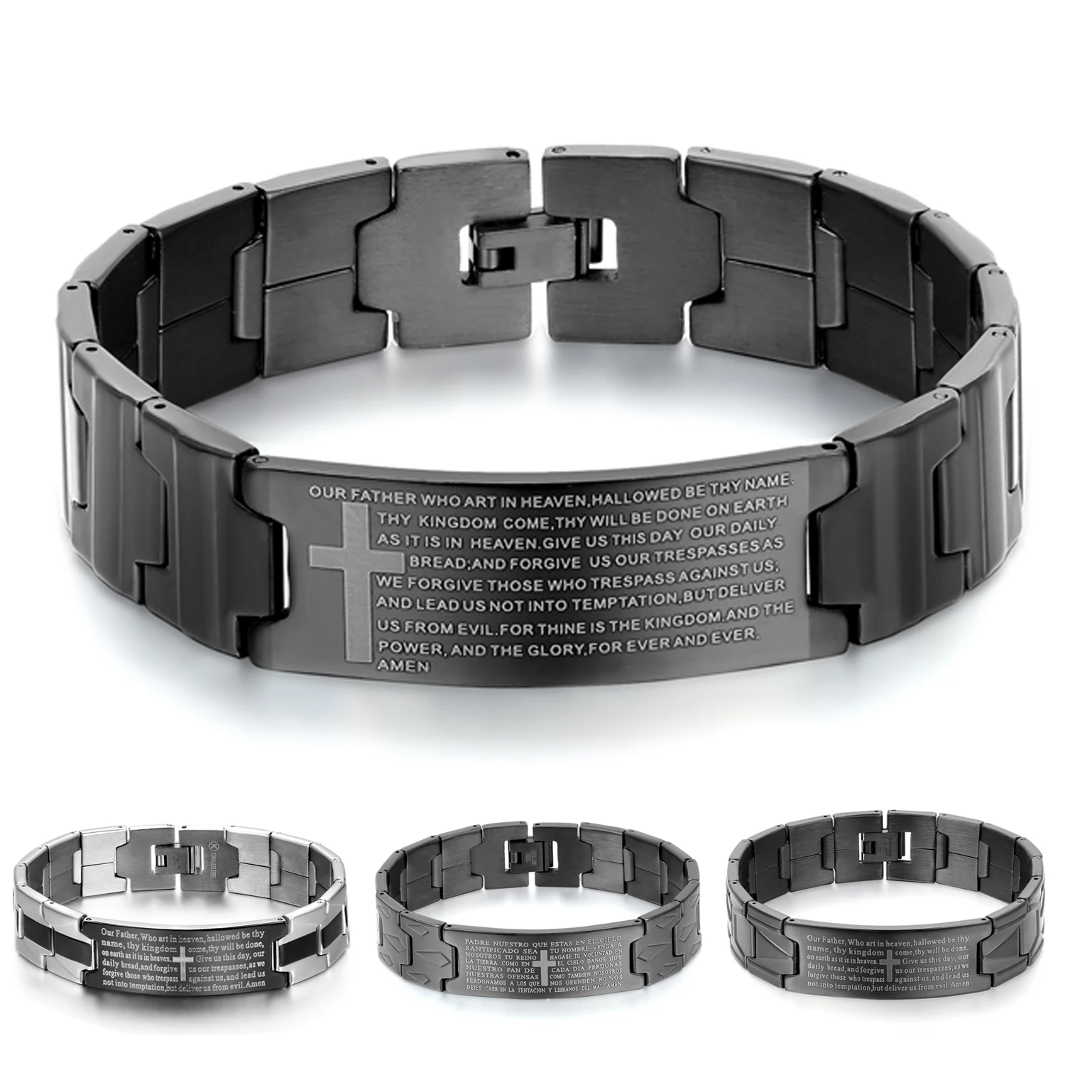 

BONISKISS Men's Black/Silver Stainless Steel English Lord's Prayer Bible Cross Bracelet Bangle Christianity Wristband engrave