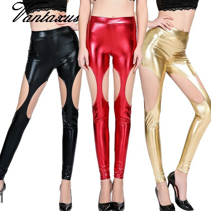 

lady sexy club party night bar disco pant punk rock hollow out bright fake leather leggings golden silver black pants