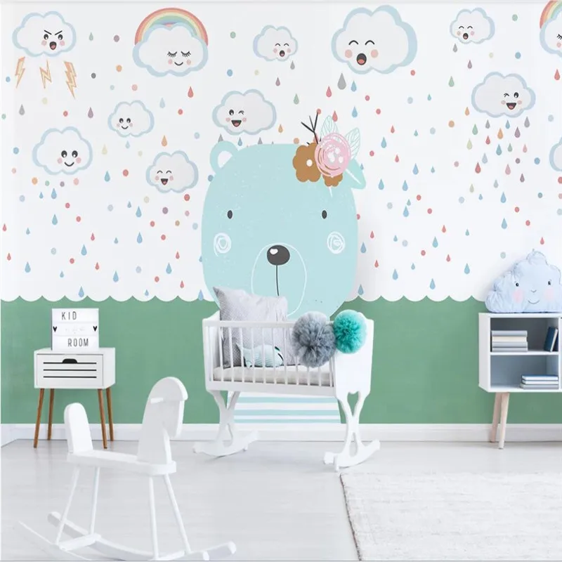 Custom wallpaper Nordic minimalist hand-painted cartoon animal bear cloud children's room background wall waterproof material Custom wallpaper Nordic minimalist hand-painted cartoon animal bear cloud children's room background wall waterproof material