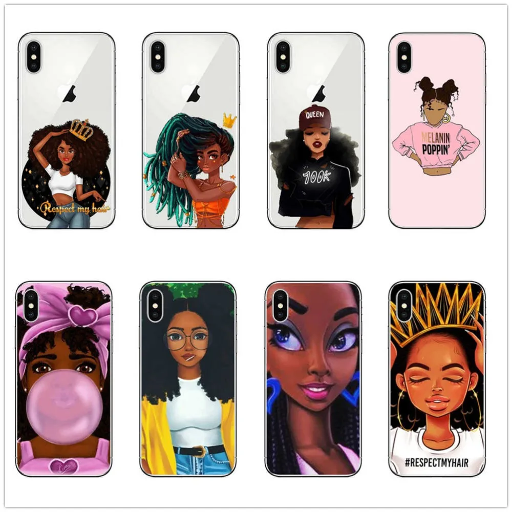 

Melanin Poppin black girl woman art curly hair cover soft silicone phone case for iPhone X XR XS MAX 6 6S 7 8 Plus 5 5S SE shell