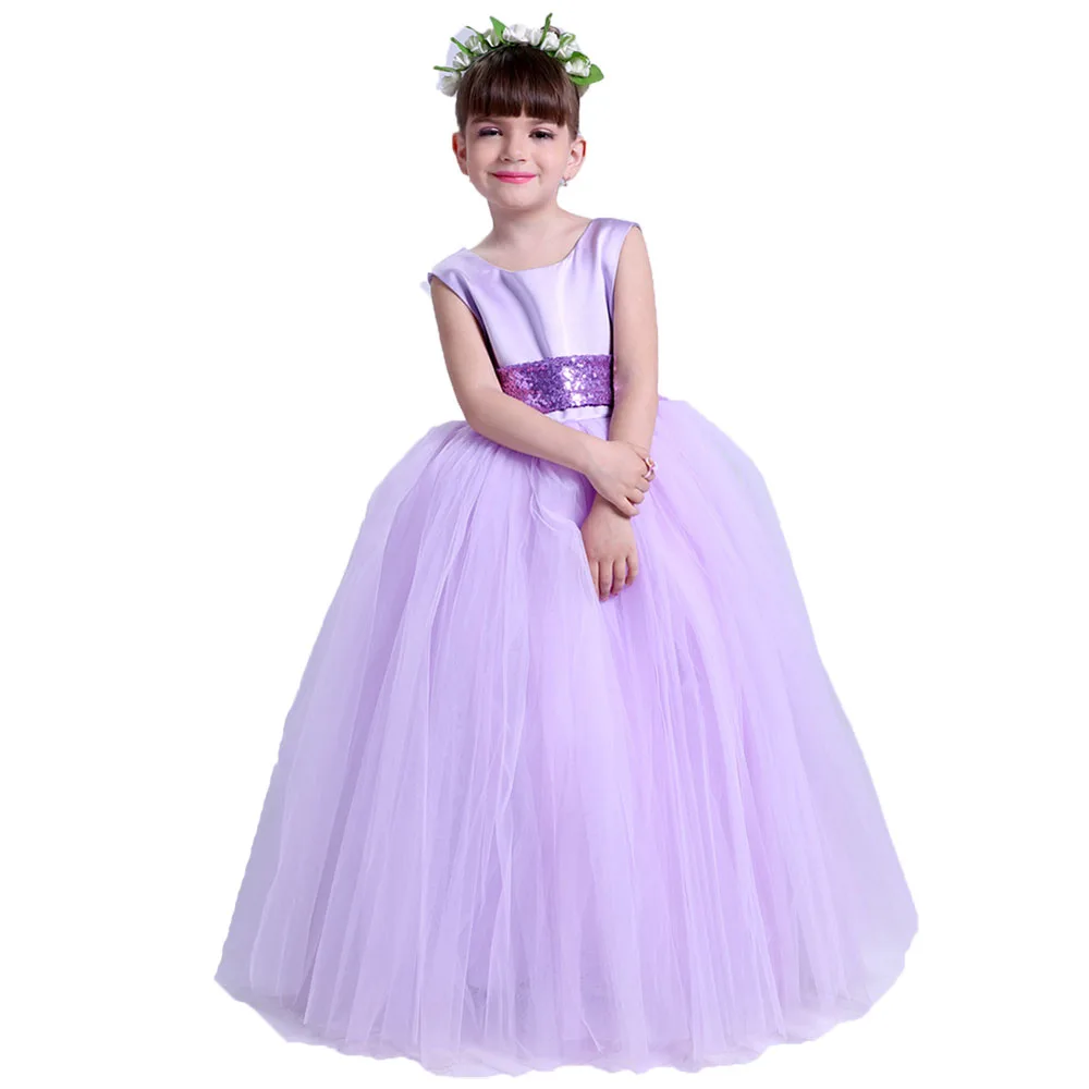 

Lavender Baby Girl Sequins Bowknot Ruffle Dress Children Long Frocks Backless Party Dress Princess Ball Gown Costume with Sashes