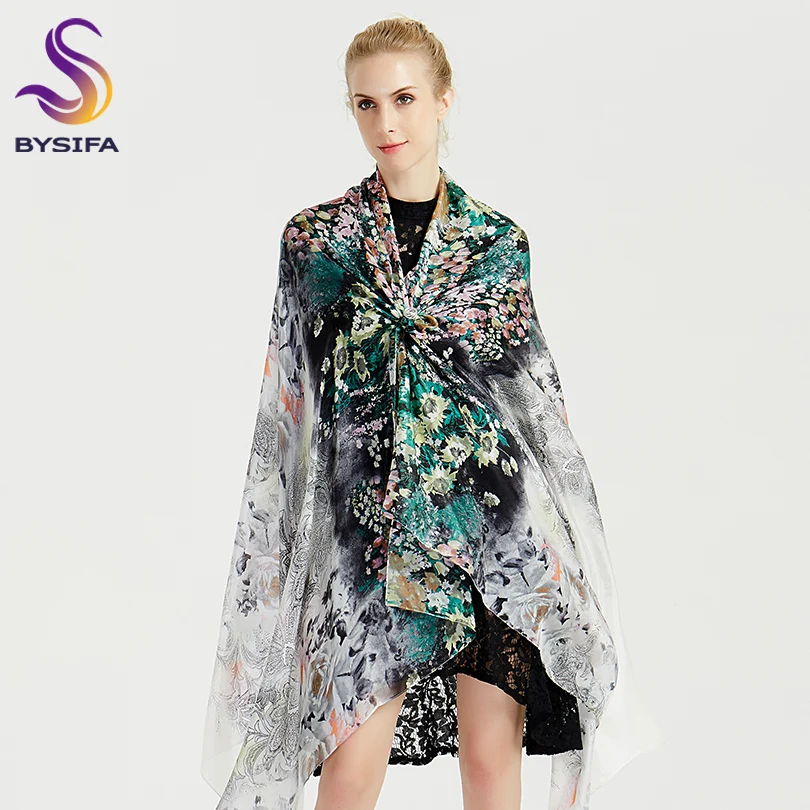 [BYSIFA] Новые женские шёлковый шарф, модный бренд аксессуары серый зеленый ультратонкие шарфы высшего класса женская летняя шаль 200*110 см