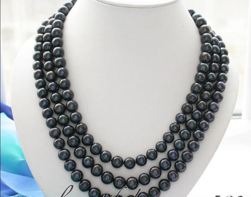 

FREE SHIPPING z3228 3row 11mm black round freshwater pearl necklace lapis HOT HOT sell