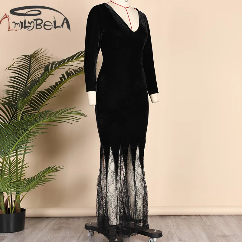 Best Imily Bela Gothic Maxi Dress Sexy Black Deep V Neck Lace Splicing Collect Waist Mermaid Dress Long Sleeve Bodycon Trumpet Gowns