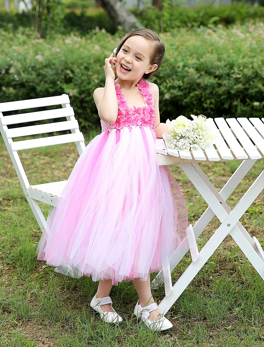 Elegant Ball Gown tulle Pink kids girls dresses with flower appliques little girls wedding party Dresses