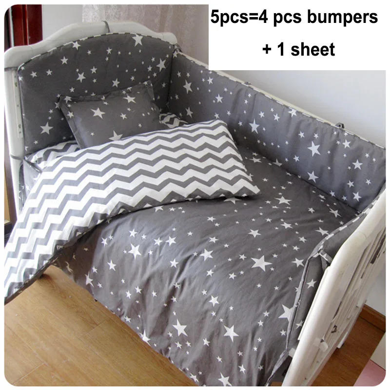 5 pcs set Хлопковый комплект постельного белья для детей от 3 до 7 штук, серое постельное белье со звездами для новорожденных, Детские листовые бамперы - Цвет: 5 pcs set