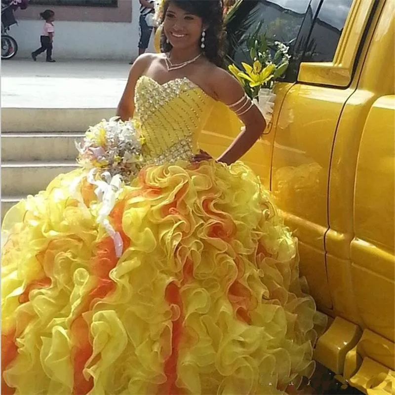Сладкий 16 платья Пышное сексуальное Расшитое бисером в честь пятнадцатилетия платья Vestidos De 15 Anos из органзы желтого цвета Недорогие подростковые платья - Цвет: picture color