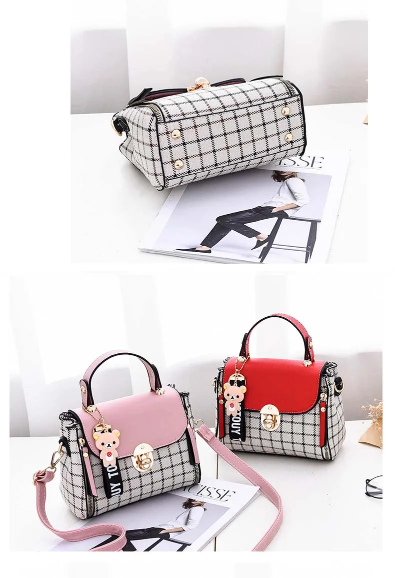 Women PU leather Plaid Bucket Handbag Fashion Panelled Small Printing Crossbody Shoulder Bag Female Elegant Bear Tote Purse Bags (12)