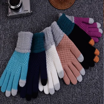 

Gloves Women Winter Touch-screen Five-fingers Outdoor Warm Knitting Striped Womens Glove Korean Ladies All-match Simple Mittens