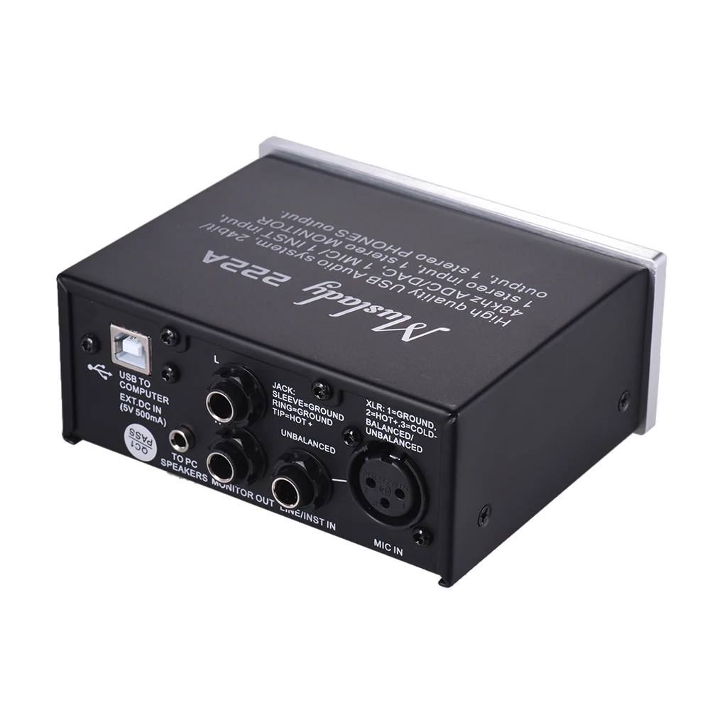 

Muslady 222A 2-Channel USB Audio System Interface External Sound Card +48V phantom power DC 5V Power Supply